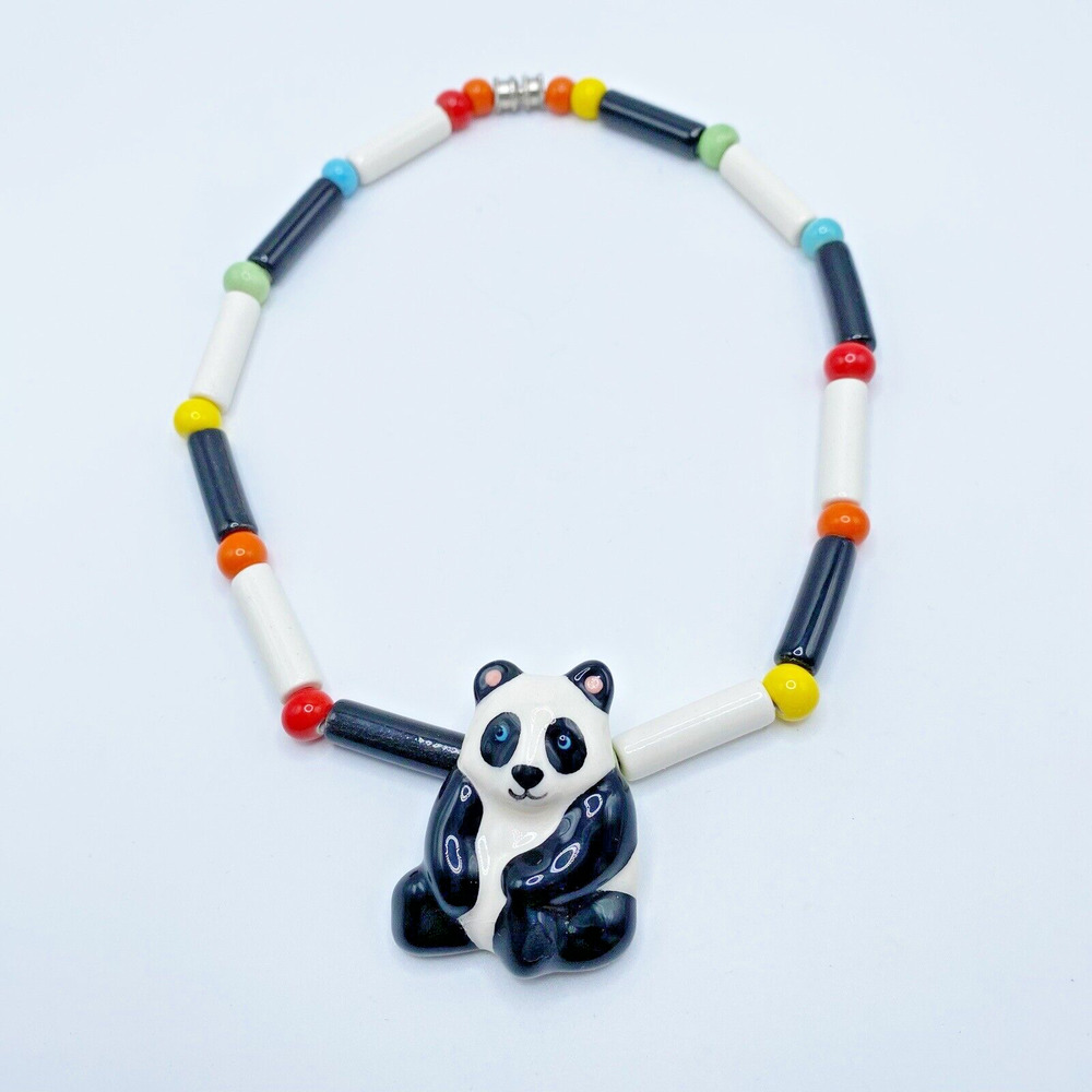 Vintage Flying Colors Necklace Panda Bear Ceramic Collectible Kitsch 1980s 15.5"